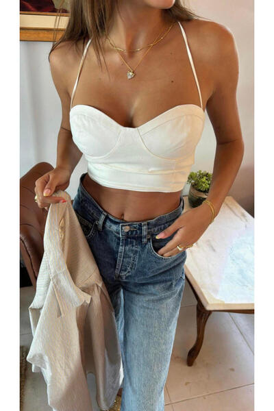 urban royce ZR Sırt Dekolteli İp Bağlamalı Ekru Crop Top
