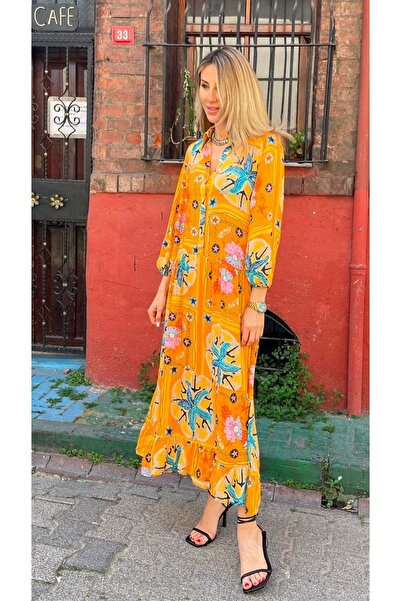 Natavan Cotton Summer Dress - Orange, Patterned, Shirt Collar