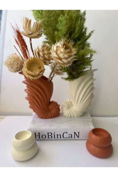 BLANJ Kiremit- Krem Salyangoz ikili Vazo ve mumluk