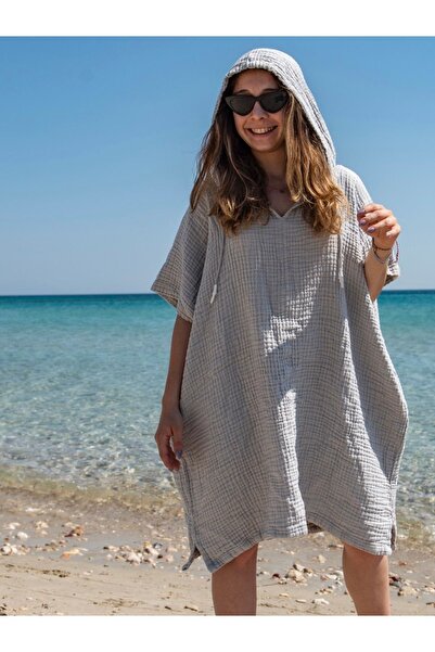 Seamate Unisex 4 Kat Muslin Yetişkin Gri Kapüşonlu Çanta Özellikli Panço V3