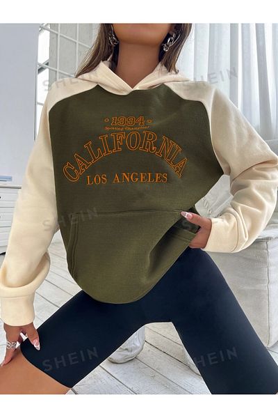 Benisengiydir Green Oversize Hooded Sweatshirt - California 1994 Printed Pieced
