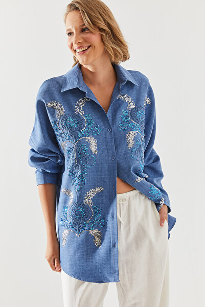 Bianco Lucci Vzorovaná vyšívaná flitrovaná oversize dámská košile - 5932 60251476