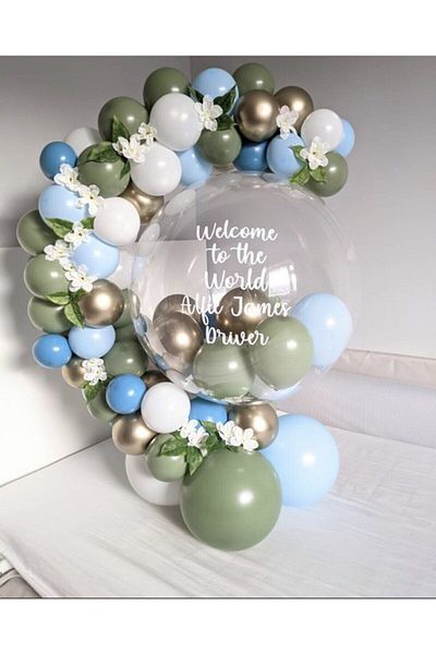 BAL10 DÜNYASI Chrome Gold Mold Green White Light Blue and Dark Blue Balloon Chain 50 Pieces