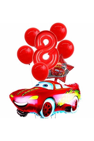 BAL10 DÜNYASI Red Car Star Foil Balloon Set Age 8