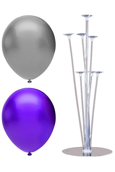 BAL10 DÜNYASI 7 Stick Balloon Stand + 7 Balloons (Purple, Silver)