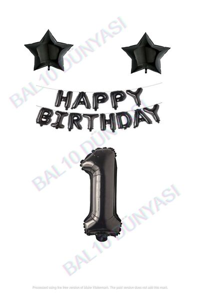 BAL10 DÜNYASI Happy Birthday Black Color Foil Balloon Star Foil And Number Se...
