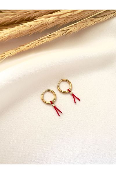 Atelier Çağla Small Steel Hoop Red String Lucky Earring