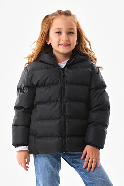Mina Черно пухено яке от полар за момиче - Зимно яке с качулка