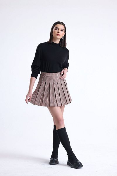 ONE8 Pleated Mini Skirt with Back Waist Elastic Zipper Plaid Beige Color