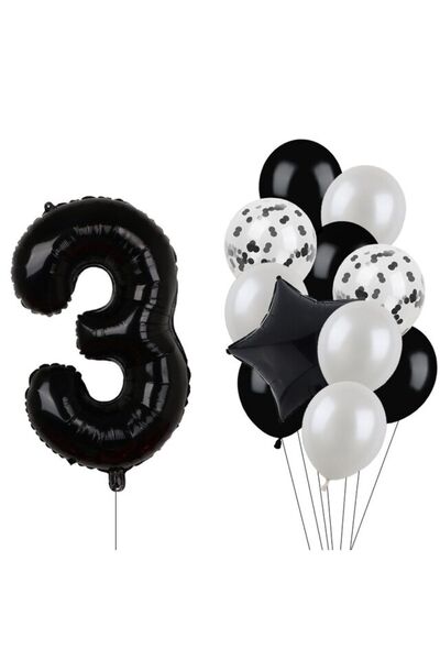 BAL10 DÜNYASI Black Number Foil And Latex Balloon Set Age 3