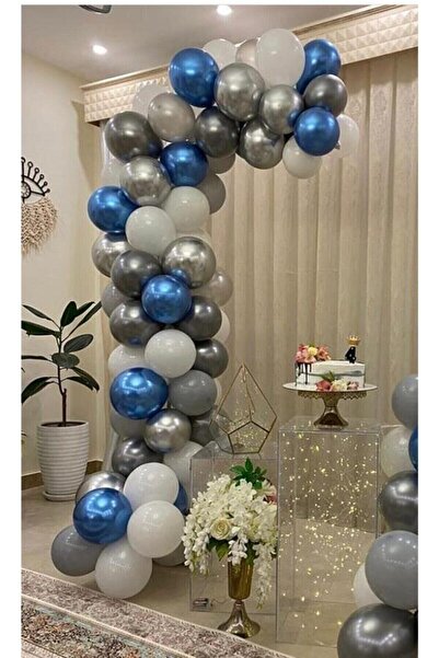 BAL10 DÜNYASI Pastel White-grey -chrome Silver-blue Balloon 100 Pieces + 5 Mt...