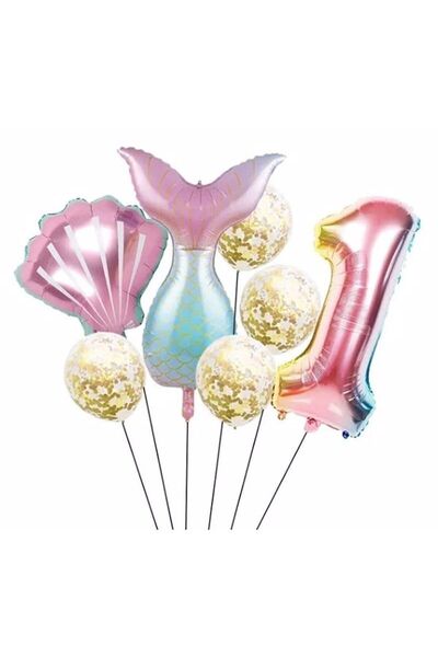BAL10 DÜNYASI Mermaid Tail Foil Set Concept Birthday Set 1 Year Old Balloon