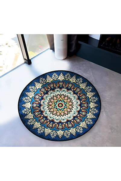 Rugs Modern Halı Mira Round Navy Blue Antique Pattern Detailed Woven Base Mod...