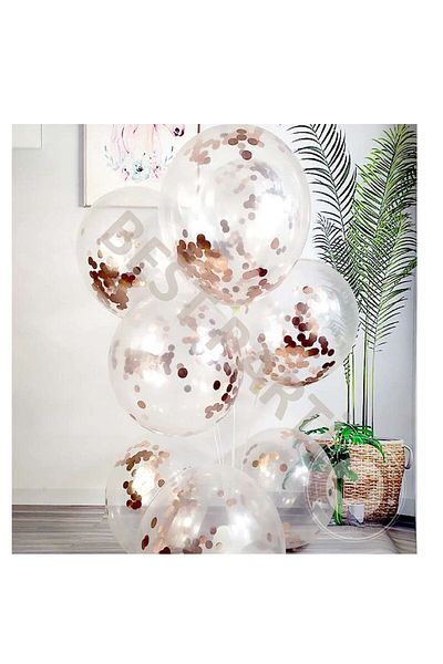 BAL10 DÜNYASI Set of 10 Transparent Latex Balloons with Rose Gold Confetti