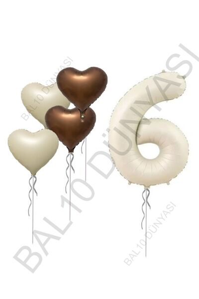 BAL10 DÜNYASI Beige Number and Heart Foil Balloon Set Age 6