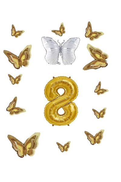 BAL10 DÜNYASI White Butterfly Foil Balloon Themed Birthday Party Set Gold Age 8