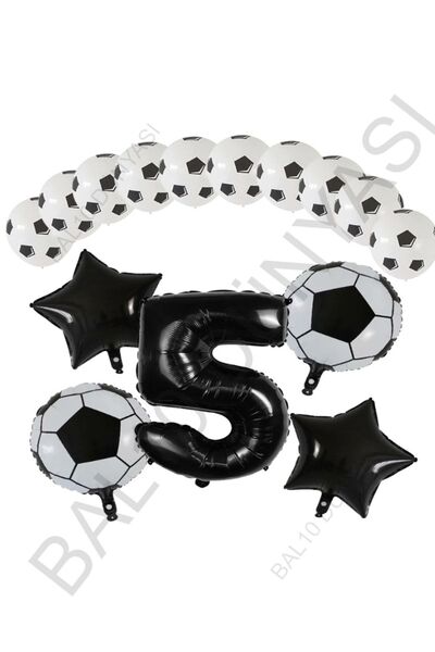 BAL10 DÜNYASI Football Ball Star Foil Black Number and Printed Balloon Set Age 5