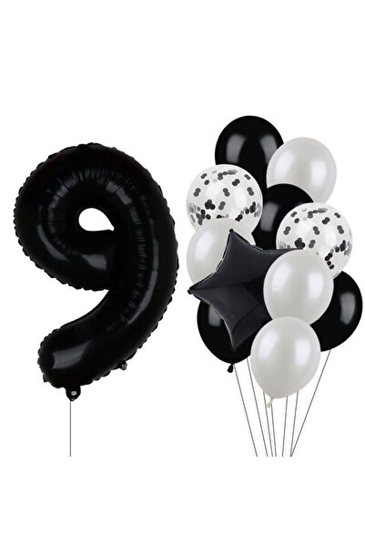 BAL10 DÜNYASI مجموعة بالونات من رقائق الأرقام السوداء واللاتكس لعمر 9 سنوات