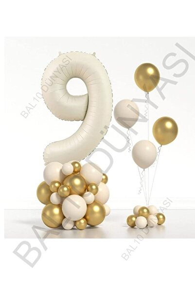 BAL10 DÜNYASI Beige Number Foil and Chrome Pastel Balloon Set Age 9