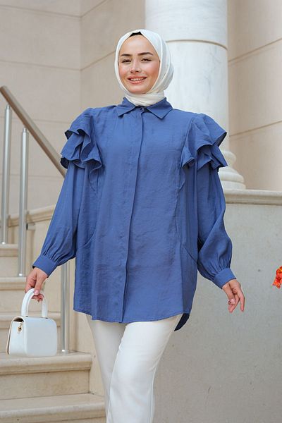 LOCCO Πουκάμισο Navy Blue - Με κρυφό κουμπί και λεπτομέρεια βολάν