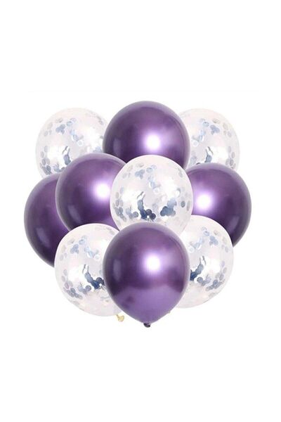 BAL10 DÜNYASI Chrome Purple Balloon Set with Silver Confetti