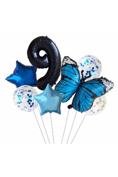 BAL10 DÜNYASI Blue Butterfly Balloon Set Star Balloon Foil Set Birthday Set A...