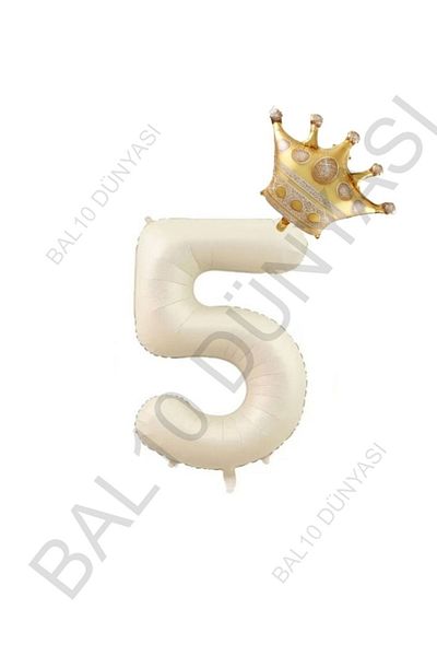 BAL10 DÜNYASI Beige Number and King Crown Foil Balloon Set Age 5