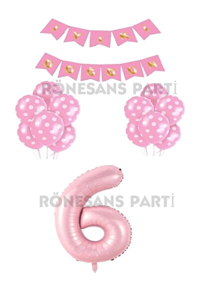 BAL10 DÜNYASI İyiki Doğdun Yazılı Pembe Renk Puanlı Balon ve Rakam Seti Yaş 6