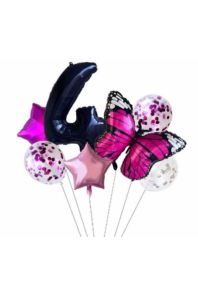 BAL10 DÜNYASI Pink Butterfly Balloon Set Star Balloon Foil Set Birthday Set Age 4