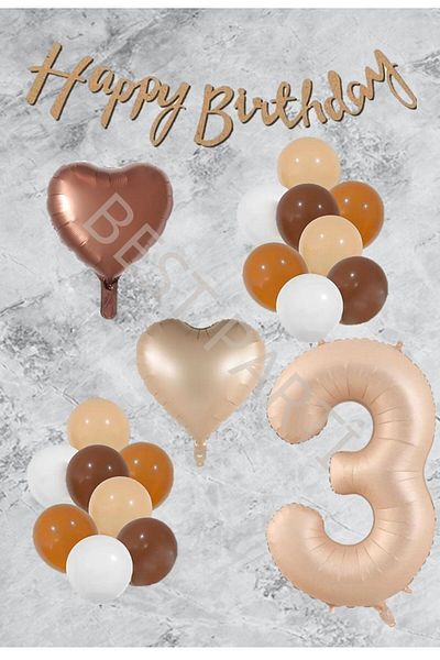 BAL10 DÜNYASI Age 3 Sand Beige Heart Numeral - Foil Latex Balloon and Banner Set