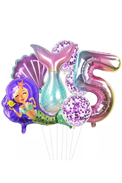 BAL10 DÜNYASI 5 Year Old Sea Concept Tail and Shell Number Balloon Set