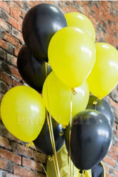 BAL10 DÜNYASI Metallic Yellow - Black Balloon 15 Pieces