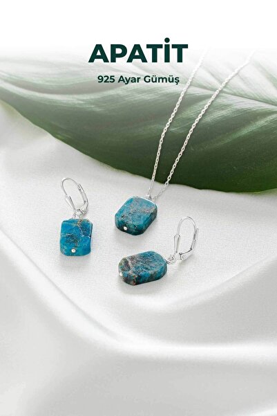 luxtone Sertifikalı Apatit Set 925 Ayar Gümüş Kolye Küpe Doğaltaş