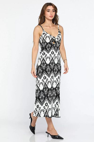 GÜLSELİ patterned Viscose Dress - Black, Rope Strap and Front Tie