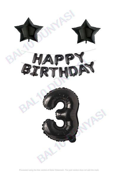 BAL10 DÜNYASI Happy Birthday Black Color Foil Balloon Star Foil And Number Se...