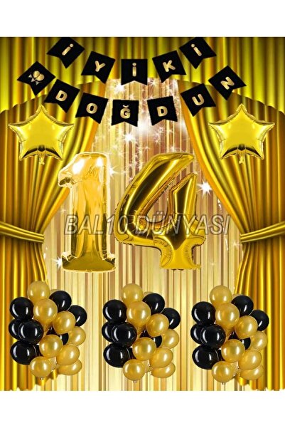 BAL10 DÜNYASI Gold Renk Yıldız Folyo Banner Balon Seti 14 Yaş