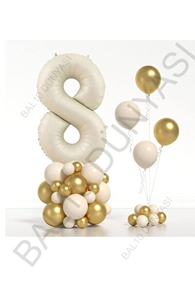 BAL10 DÜNYASI Beige Number Foil and Chrome Pastel Balloon Set Age 8