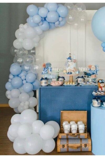 BAL10 DÜNYASI Pastel Beyaz Pastel Açık Mavi Şeffaf Balon Konsept Zinciri 50 Adet