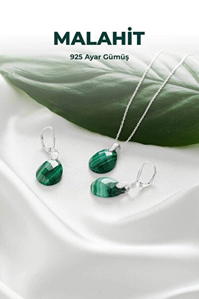 luxtone Sertifikalı Malahit Set 925 Ayar Gümüş Kolye Küpe Doğaltaş