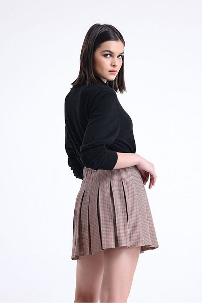 ONE8 Pleated Mini Skirt with Back Waist Elastic Zipper Plaid Beige Color