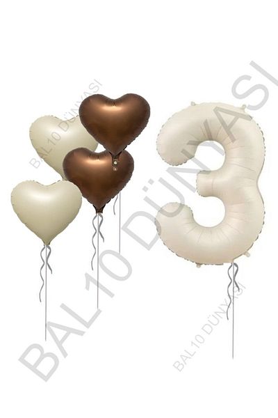 BAL10 DÜNYASI Beige Number and Heart Foil Balloon Set Age 3