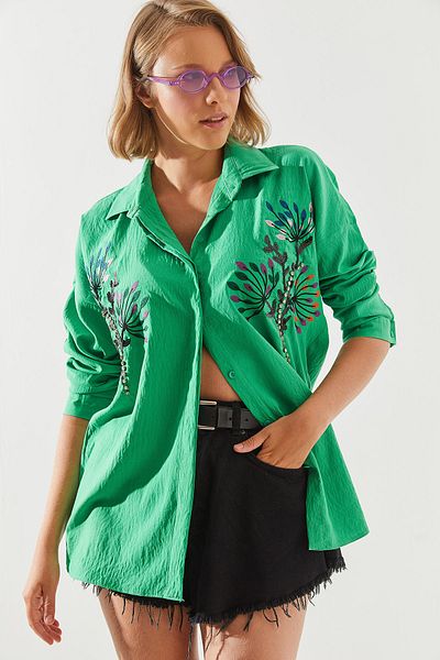 Bianco Lucci Stone Leaf Embroidered Oversize Women's Shirt - 5929 60251482