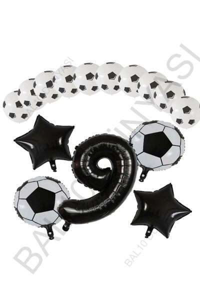 BAL10 DÜNYASI Football Ball Star Foil Black Number and Printed Balloon Set Age 9