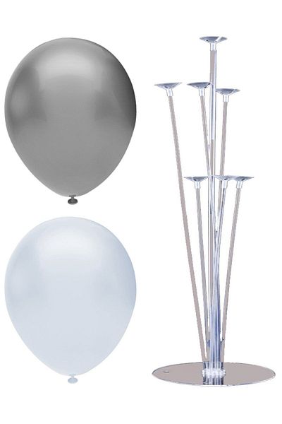 BAL10 DÜNYASI 7 Stick Balloon Stand + 20 Balloons (White, Silver)