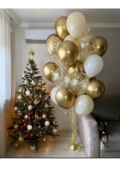 BAL10 DÜNYASI Beyaz-Ten-Gold-Konfetili Şeffaf Balon Seti
