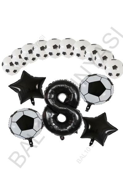 BAL10 DÜNYASI Football Ball Star Foil Black Number and Printed Balloon Set Age 8
