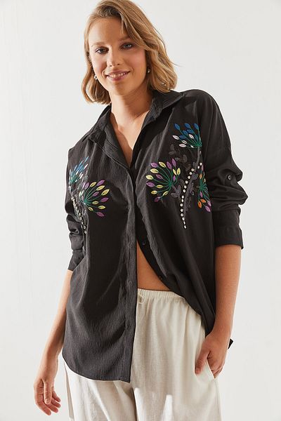 Bianco Lucci Stone Leaf Embroidered Oversize Women's Shirt - 5929 60251482