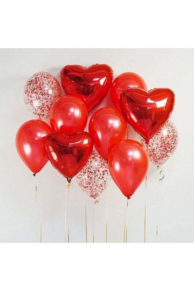 BAL10 DÜNYASI Valentine's Day Red Confetti Foil Heart Balloon Bunch