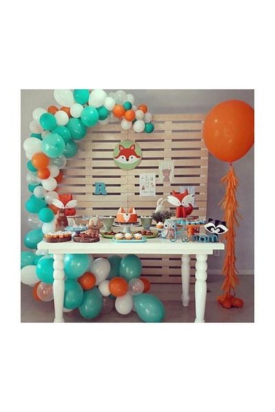 BAL10 DÜNYASI Fox Themed Mint Green White Orange Metallic Balloon 50 Pieces + 5 m Balloon Chain