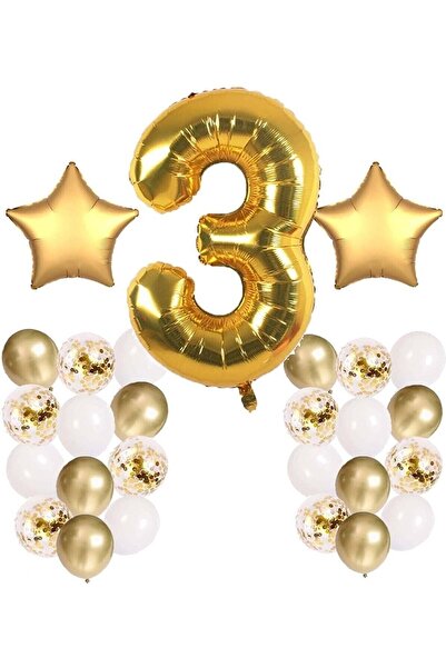 BAL10 DÜNYASI Gold Concept 3 Years Birthday Celebration Set; White Gold Confe...